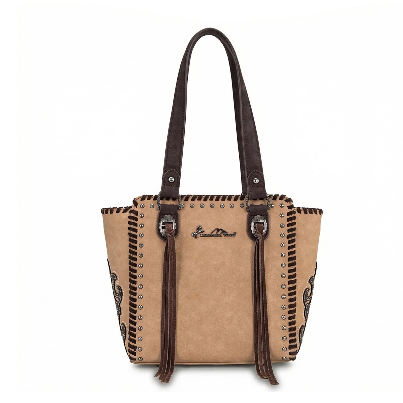 Montana West Western Tote Bag for Women Studded PU Leather Handbag with Fringe Tassel Fashion Medium Size Shoulder Purse Cowgirl Style Tote, Tan
