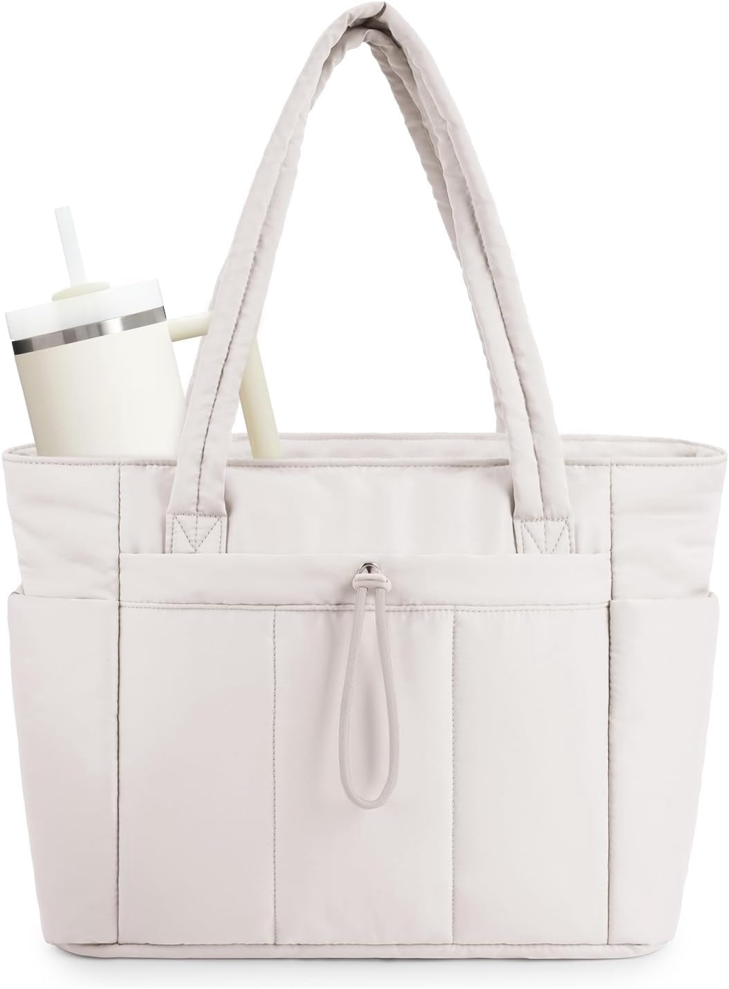 Puffer Tote Bag for Women, Shoulder Bag Handbag with Cup Holder & 15.6" Laptop Compartment & Trolley Sleeve for Travel, Work, Nurse, Lightweight, 20L - Beach Bag