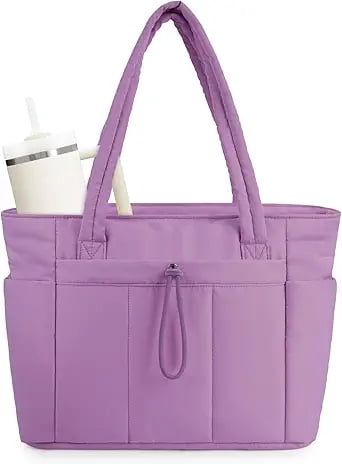 Puffer Tote Bag for Women, Shoulder Bag Handbag with Cup Holder & 15.6" Laptop Compartment & Trolley Sleeve for Travel, Work, Nurse, Lightweight, 20L - Beach Bag