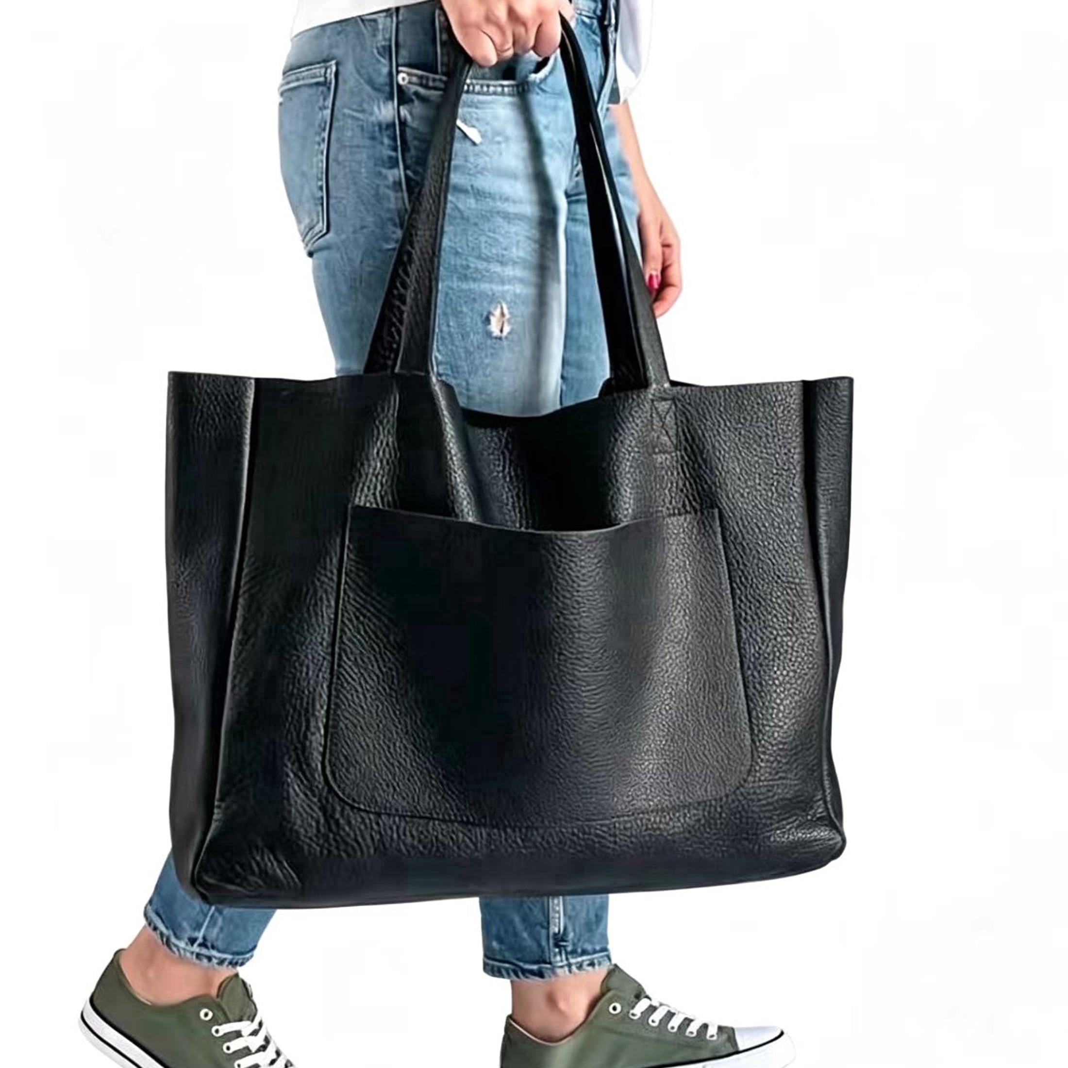 Large Capacity Vintage PU Leather Tote for Women Office Everyday Handbag(Black1 )