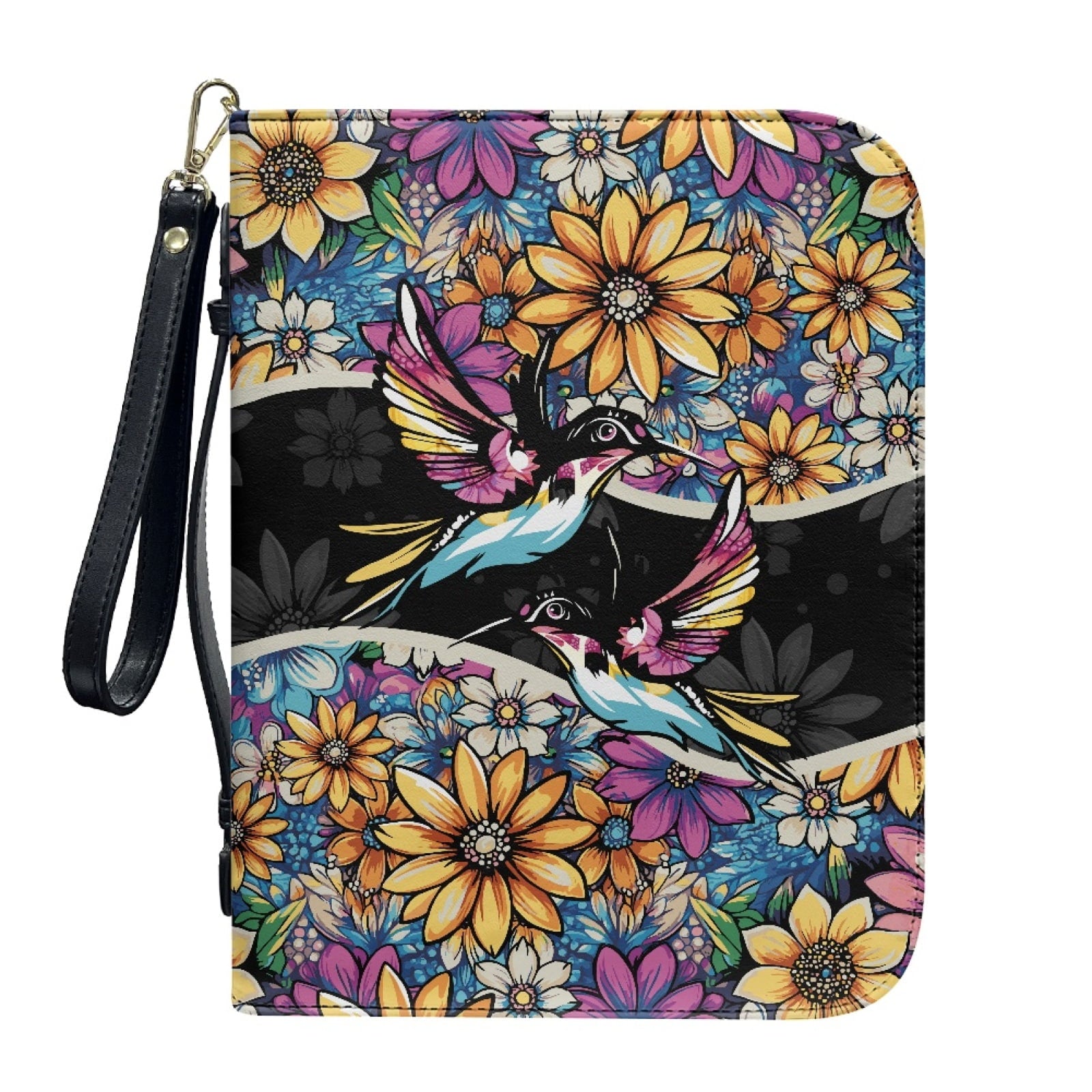 Hummingbird Lily Flower Print PU Leather Bible Case for Women Men Lightweight Bible Carrying Tote Bags with Detachable Wristlet Strap Church Bag for Bible Study Bible Gift, L - Bible Bag