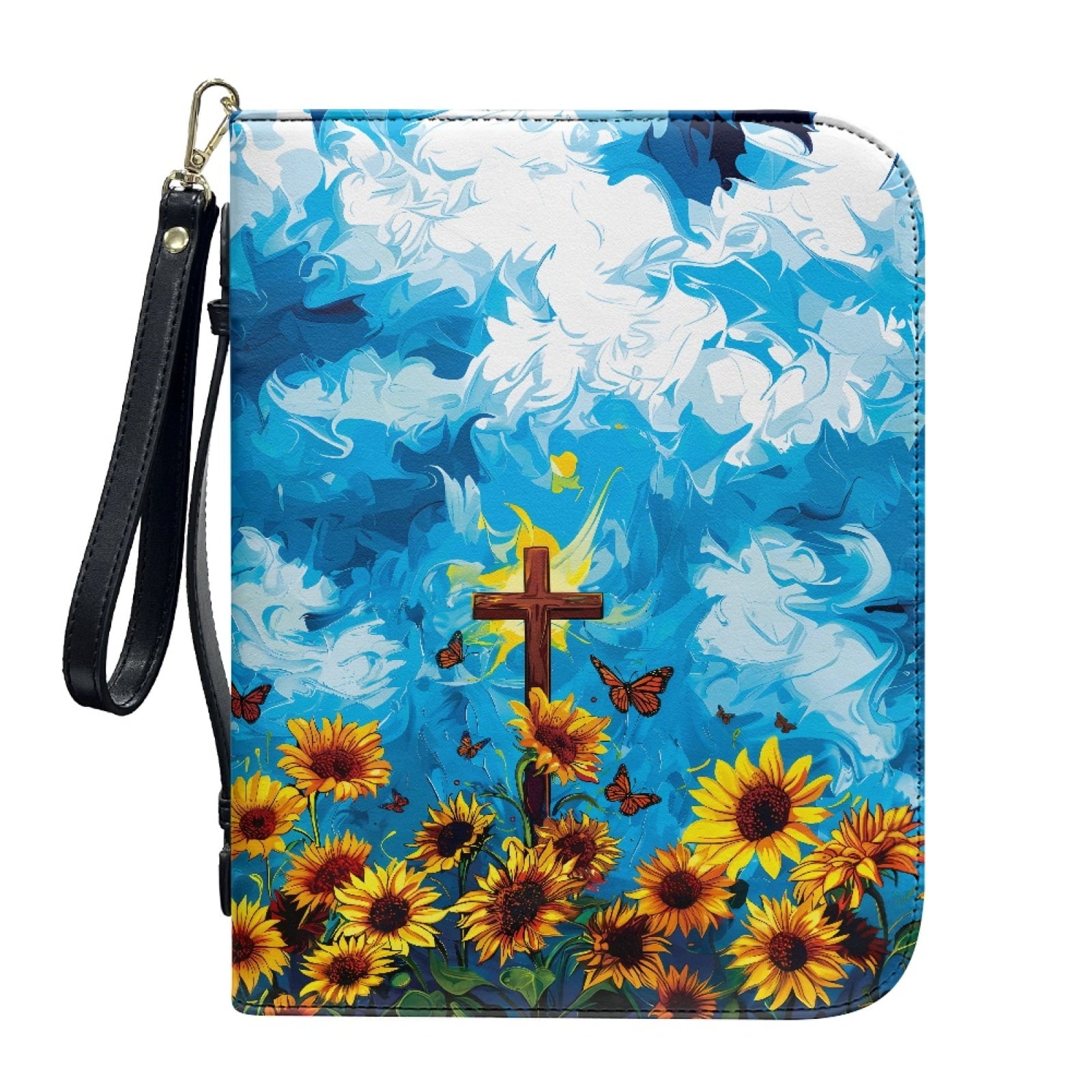 Lavender Hummingbird Butterfly Print PU Leather Bible Case for Women Men Sturdy Bible Carrying Tote Bags with Detachable Wristlet Strap Church Bag for Bible Study Journal Case, L - Bible Bag