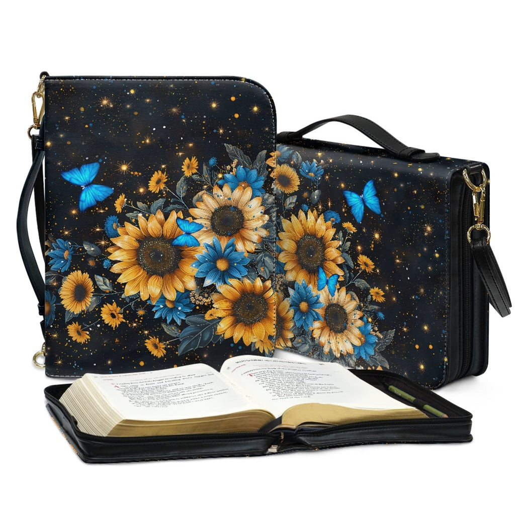 FOR U DESIGNS Galaxy Sunflower Bible Cover for Women Butterfly Leather Personalized Book Organizer Bag Size M Reusable Bible Case with Bookmark for Girls for Bible Study Religious