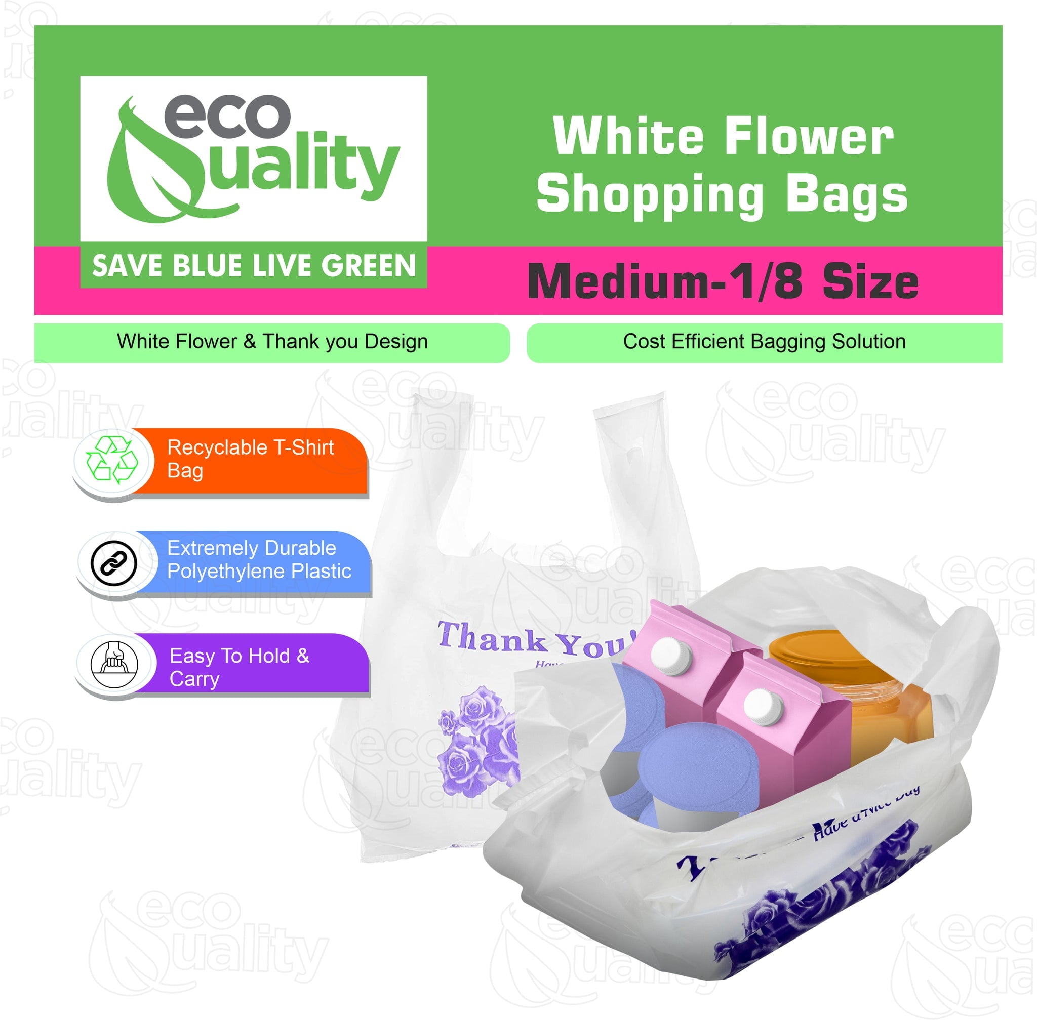 EcoQuality Plastic White Flower T-Shirt Bags 5000ct, 1/8 Shopping Bags, Grocery Bags, Poly Bags, Multi-Use, Medium Size, Reusable Carry Out Bags (17 x 10 x 6 inches) (16 Micron)