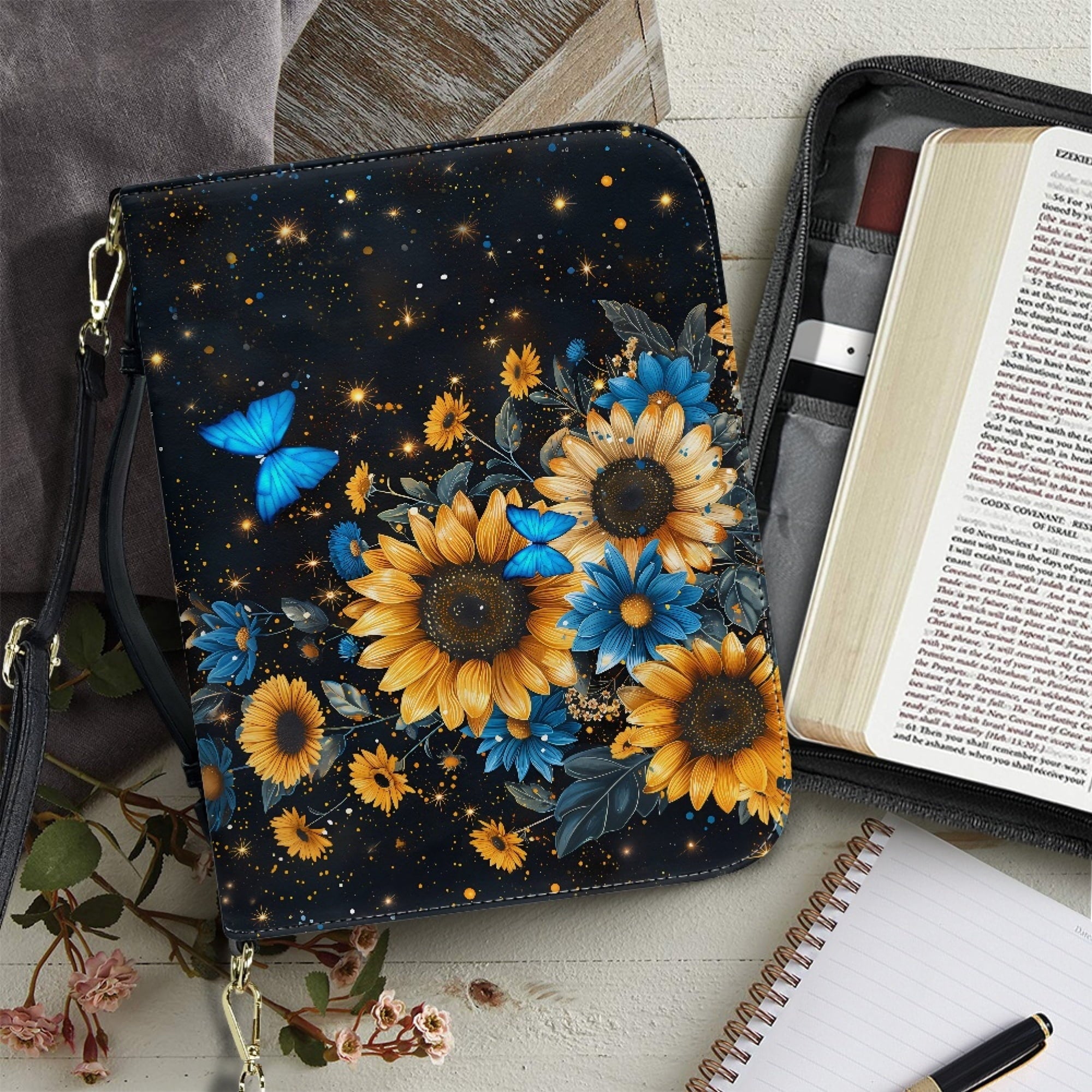 FOR U DESIGNS Galaxy Sunflower Bible Cover for Women Butterfly Leather Personalized Book Organizer Bag Size M Reusable Bible Case with Bookmark for Girls for Bible Study Religious
