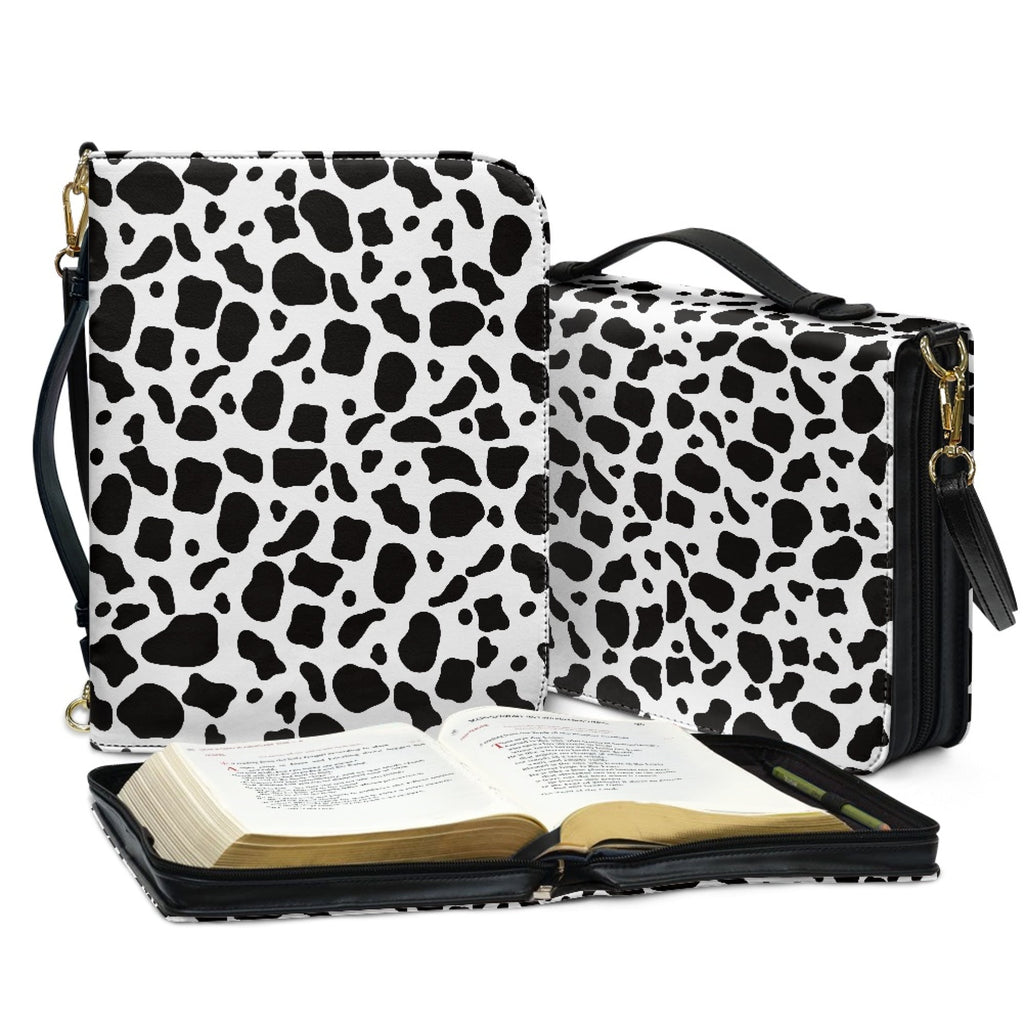 FOR U DESIGNS Cow Print Bible Case with Shoulder Strap Bible Bags for Women PU Leather Personalized Book Organizer Bag Size XL Wear Resistant Bible Holder Bag Zippered Bible Accessories