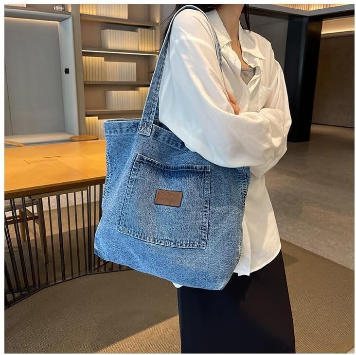JennyShop  Denim Canvas Bag, Casual Handheld/Shoulder Carryall Bag, Hot Sale Large Capacity Tote - Niche Artistic Shopping Bag,