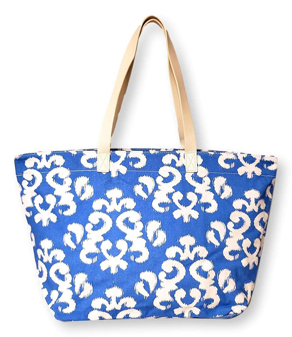 X Large Canvas Blue Damask Print Beach Bag Travel Tote for Women