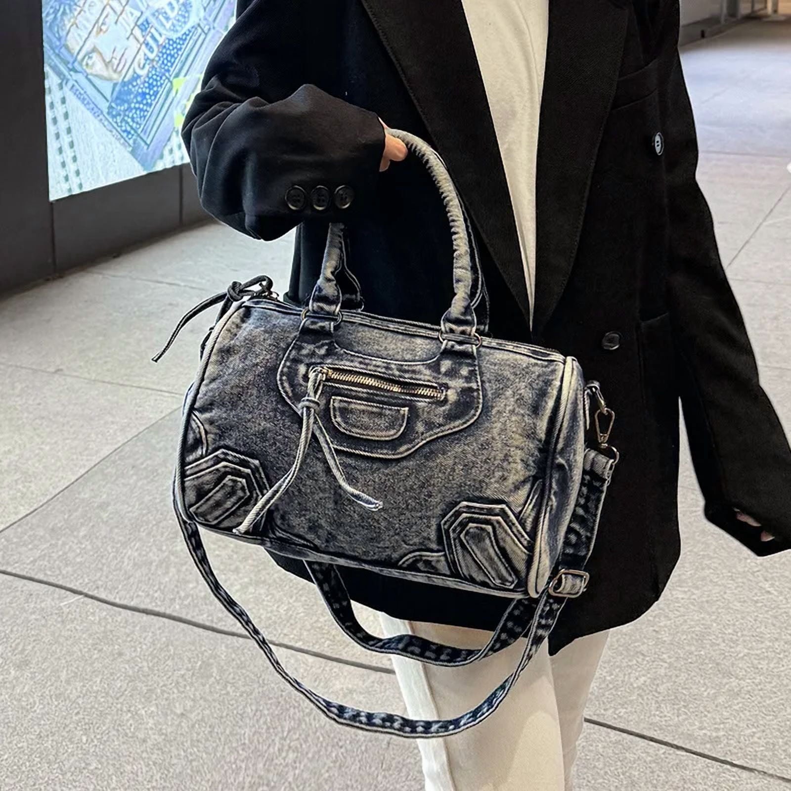 Luxury Designer City Tote Bag for Women Retro Washed Denim Cloth Splicing Fringed Shoulder Portable Messenger Bag Handbags