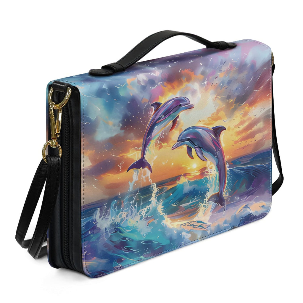 FOR U DESIGNS Ocean Dolphins Bible Bags for Women Tote Portable Sturdy Leather Bible Cover Size Large Holistic Leather Bible Bags Personalized Multifunctional Bible Book Carrying Case