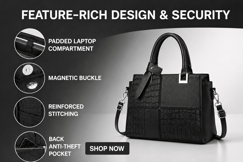 AVMPRO Women's PU Solid Tote Shoulder Handbag, Black