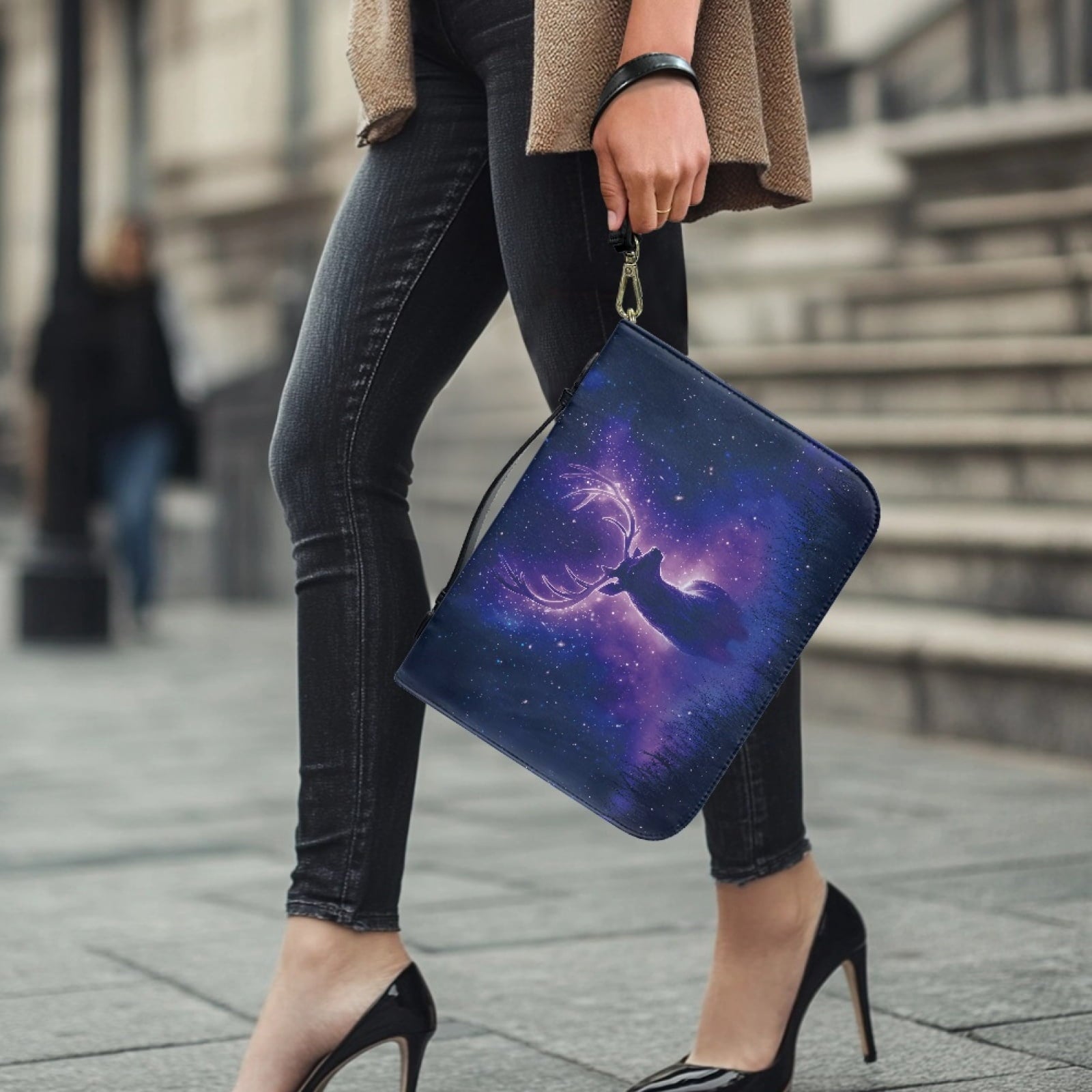ZUXONGSY Star Sky Moose Star Print PU Leather Bible Case for Women Men Portable Bible Carrying Tote Bags with Detachable Wristlet Strap Church Bag for Bible Study Scripture Church Bag, L