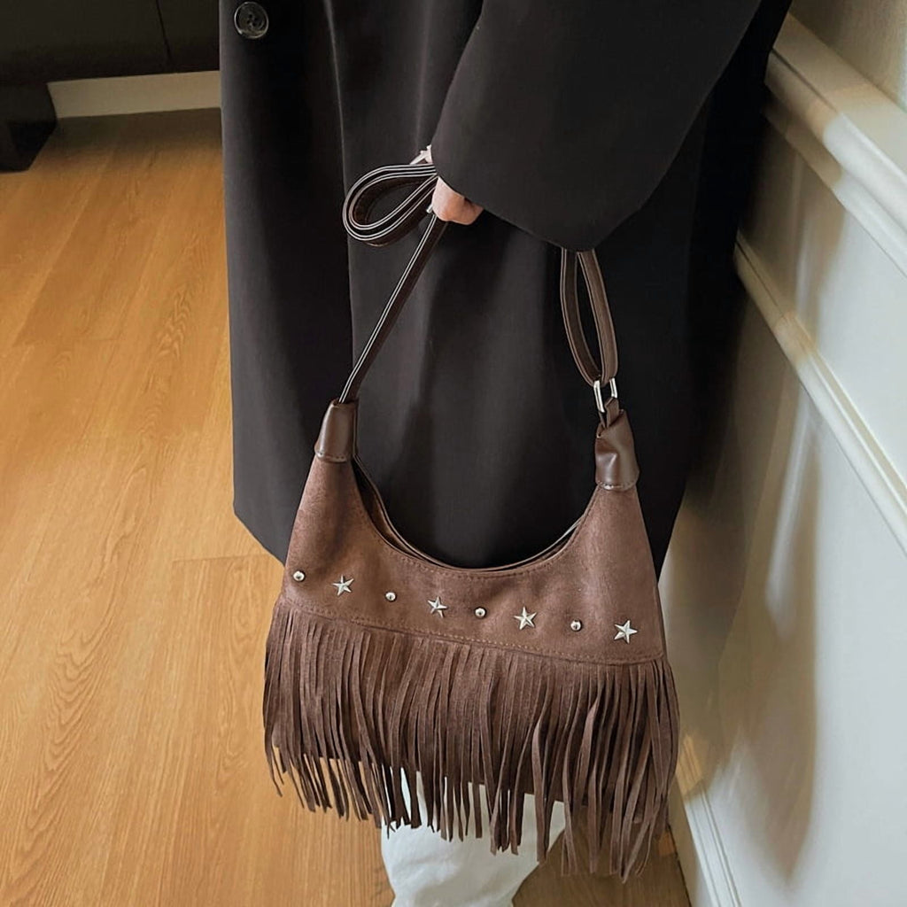 Baguery Women's Fringe Tote Bag - Western Star Studded Vintage Faux Suede Hobo/Shoulder Bag for Daily Casual (11.02×7.09×2.36in)​