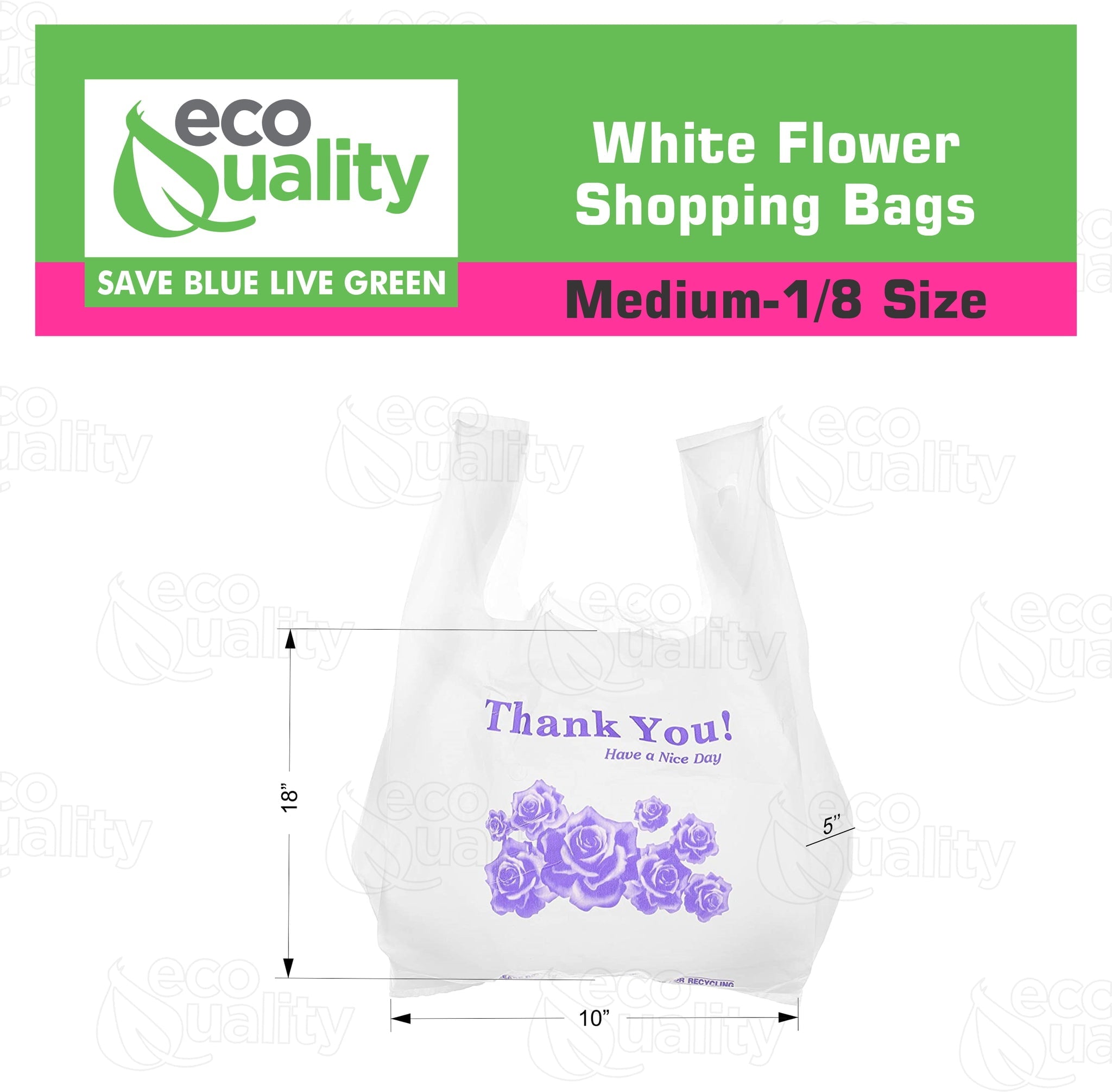 EcoQuality Plastic White Flower T-Shirt Bags 5000ct, 1/8 Shopping Bags, Grocery Bags, Poly Bags, Multi-Use, Medium Size, Reusable Carry Out Bags (17 x 10 x 6 inches) (16 Micron)