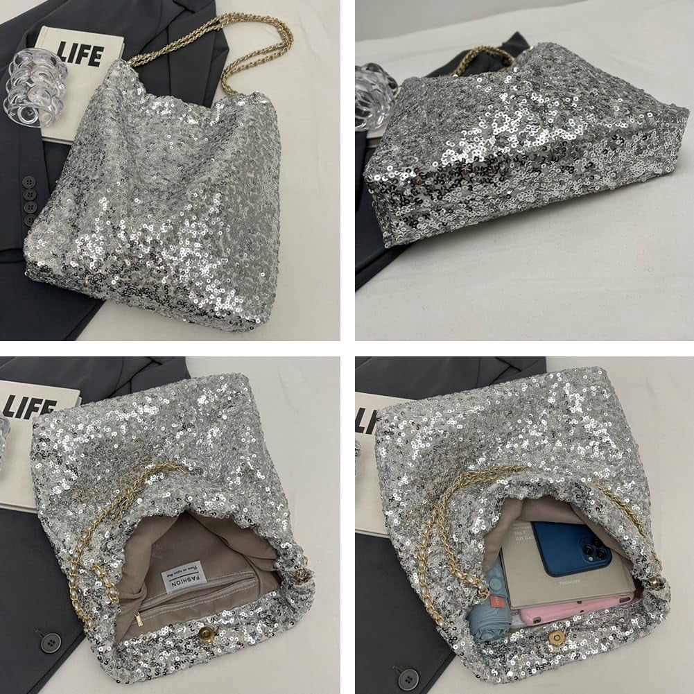 Zhengup Womens Fashion Shoulder Bag Y2k Sparkly Glitter Sequin Purse Large Totes Top Handle Satchel with Chain Party