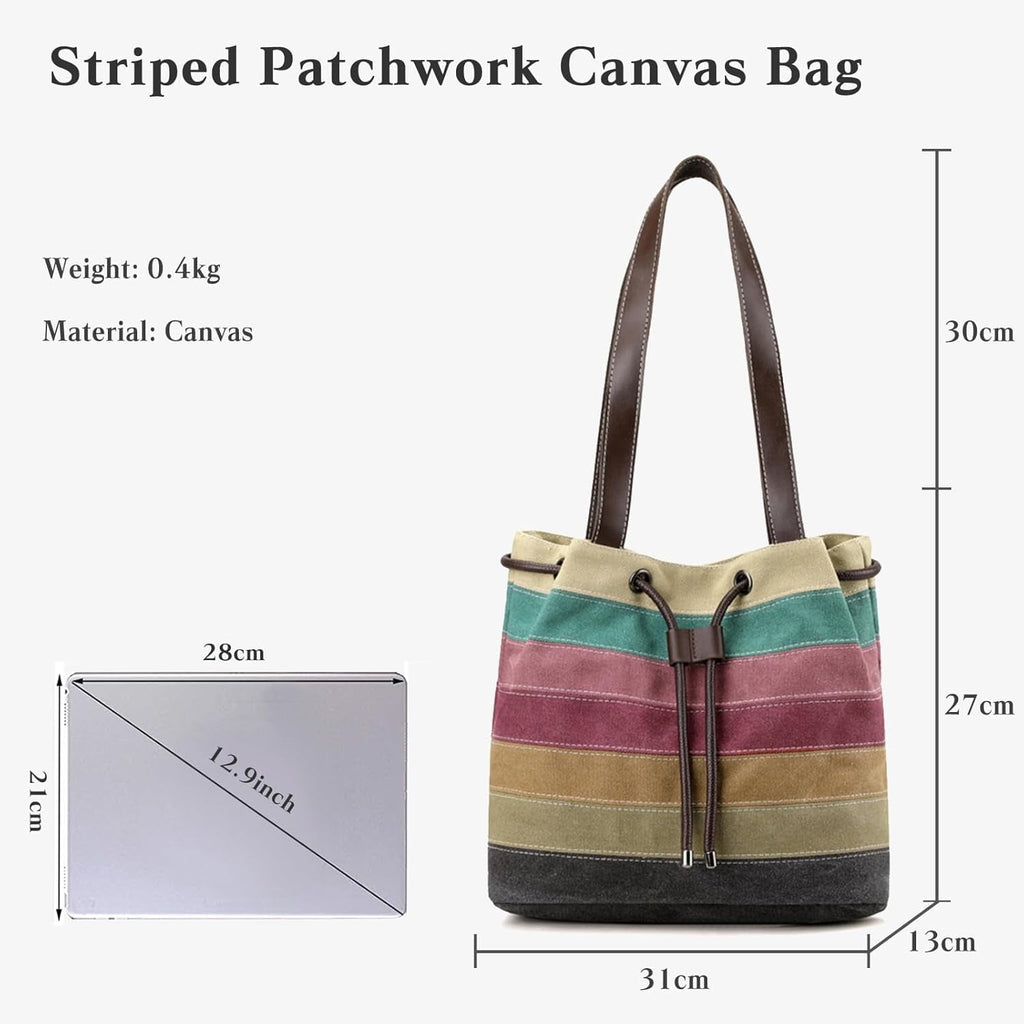 Canvas Shoulder Bag for Women Multi-Colour Striped Handbag Casual Top Handle Bag Large Hobo Bag Multi-Pocket Tote Bag