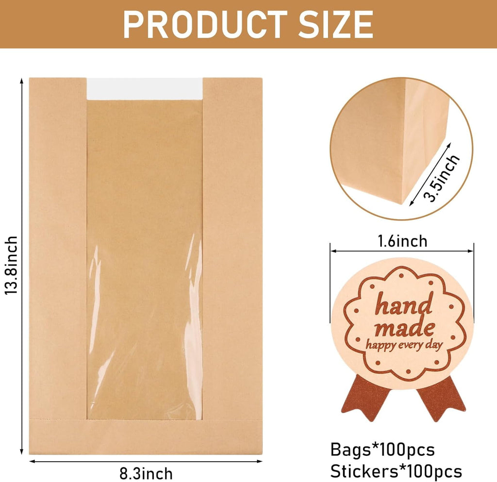 100Pcs Large Bread Bags for Homemade Bread, Sourdough Bread Bags with Clear Window, Kraft Bread Storage for Sourdough Sandwich Bread Bag Packing Storage with Sealing Stickers(13.7''x8.2''x3.5'')