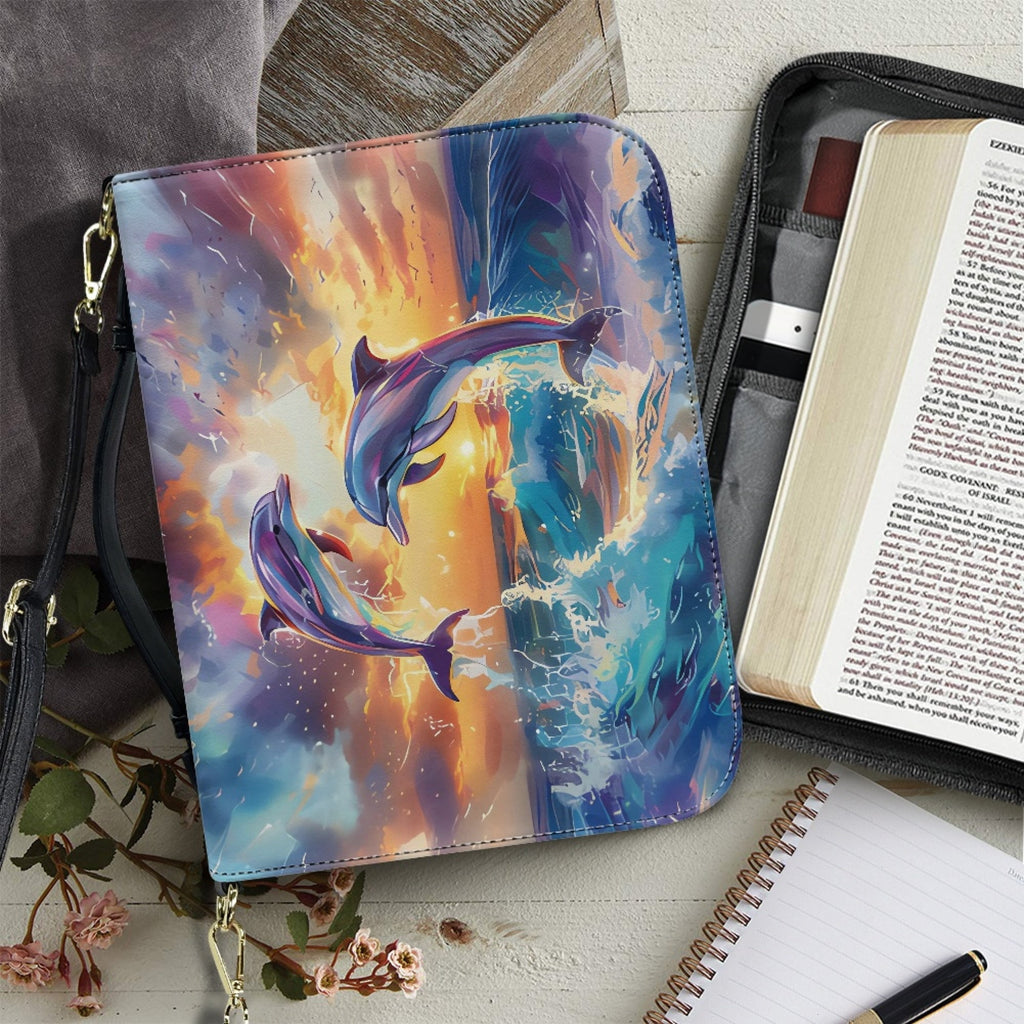 FOR U DESIGNS Ocean Dolphins Bible Bags for Women Tote Portable Sturdy Leather Bible Cover Size Large Holistic Leather Bible Bags Personalized Multifunctional Bible Book Carrying Case
