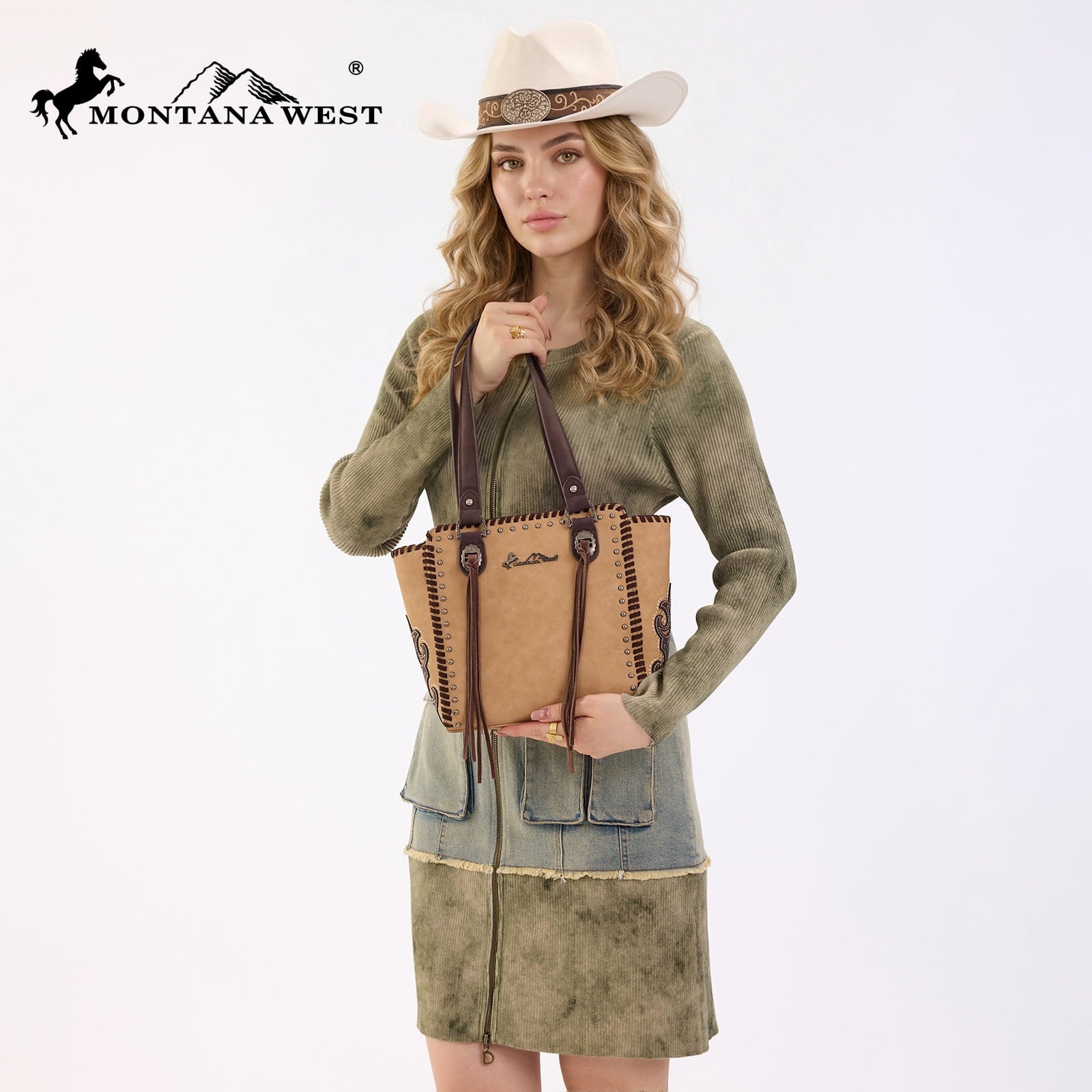 Montana West Western Tote Bag for Women Studded PU Leather Handbag with Fringe Tassel Fashion Medium Size Shoulder Purse Cowgirl Style Tote, Tan