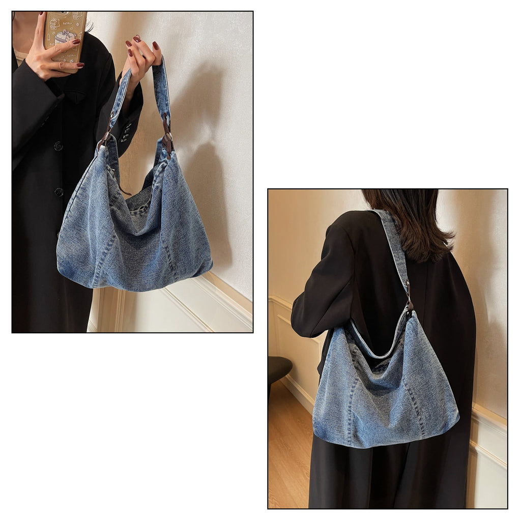Women's Large Denim Messenger Bag, Hobo Crossbody Tote with 2 Removable Straps & Magnetic Closure, Blue Jean Shoulder Purse