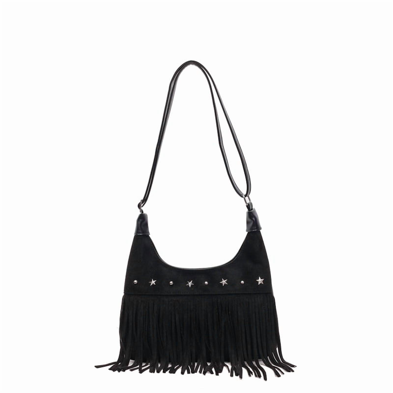 Baguery Women's Fringe Tote Bag - Western Star Studded Vintage Faux Suede Hobo/Shoulder Bag for Daily Casual (11.02×7.09×2.36in)​